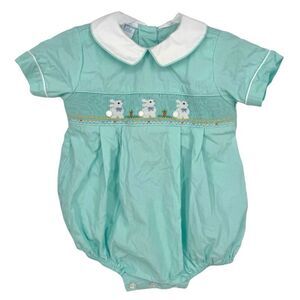 Petit Bebe Boys 9M Smocked Easter Bunnies Teal Bubble Spring Rabbit Short Sleeve